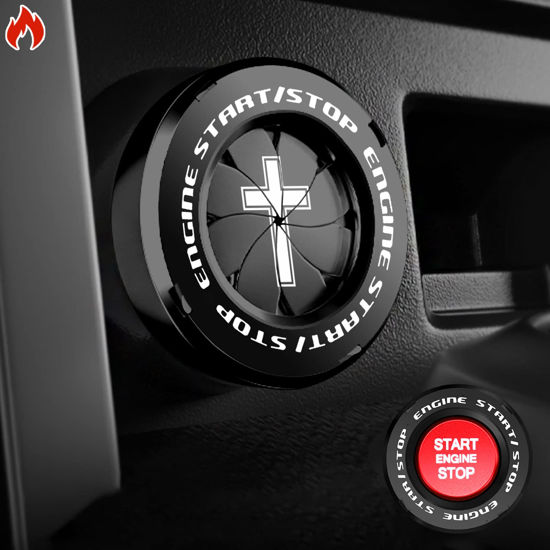 Picture of Tybasthe Rotary Push Start Button Cover, Cross Car Accessories Engine Start Stop Button Cover, Car Stickers Interior Decor, Motorcycle Ignition Key Switch Cover, Black