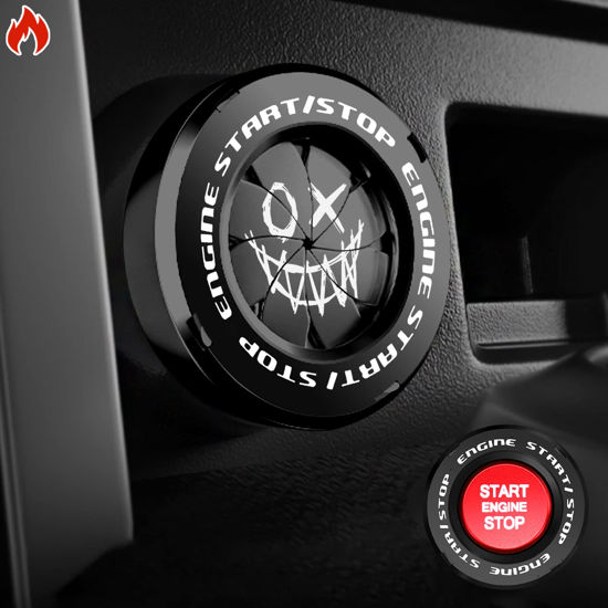 Picture of Tybasthe Rotary Push Start Button Cover, Evil Smiley Car Accessories Engine Start Stop Button Cover, Car Stickers Interior Decor, Motorcycle Ignition Key Switch Cover, Black