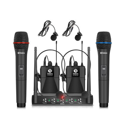 Picture of Debra Audio Pro UHF 4 Channel Wireless Microphone System with Cordless Handheld Lavalier Headset Mics, Metal Receiver, Ideal for Karaoke Church Party (with 2 Handheld & 2 Bodypack (B))