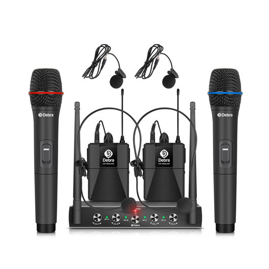 Picture of Debra Audio Pro UHF 4 Channel Wireless Microphone System with Cordless Handheld Lavalier Headset Mics, Metal Receiver, Ideal for Karaoke Church Party (with 2 Handheld & 2 Bodypack (B))