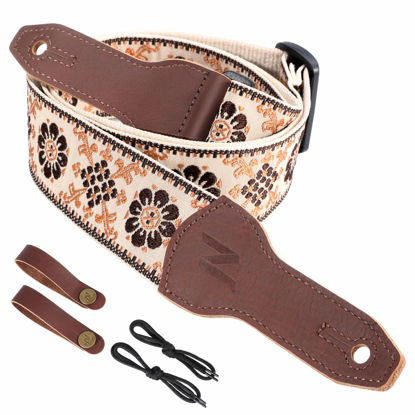 Picture of Nefelibata Banjo Strap, 2" Wide Double Full Grain Cowhide Guitar Strap Adjustable Replacement,Multi-pattern Guitar Strap With Headstock Rope and Leather Headband(Light Yellow Flower Embroidery)