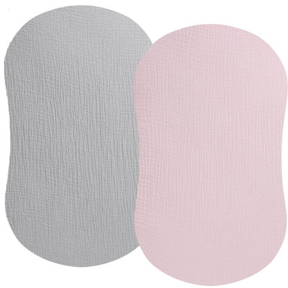Picture of Muslin Bassinet Sheet Compatible with Halo Bassinest Swivel Flex Glide Premiere & Luxe Series Sleeper 2 Pack Cotton Stylish Boho Fitted Bassinet Sheets Super Soft for Baby Roman Grey & Pink