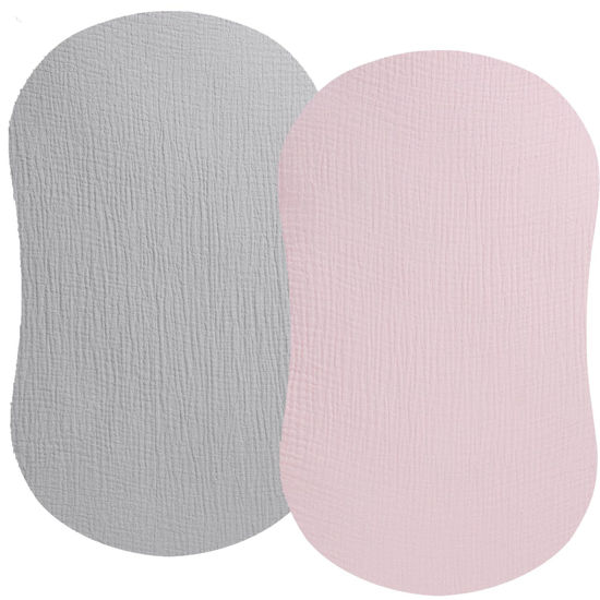 Picture of Muslin Bassinet Sheet Compatible with Halo Bassinest Swivel Flex Glide Premiere & Luxe Series Sleeper 2 Pack Cotton Stylish Boho Fitted Bassinet Sheets Super Soft for Baby Roman Grey & Pink