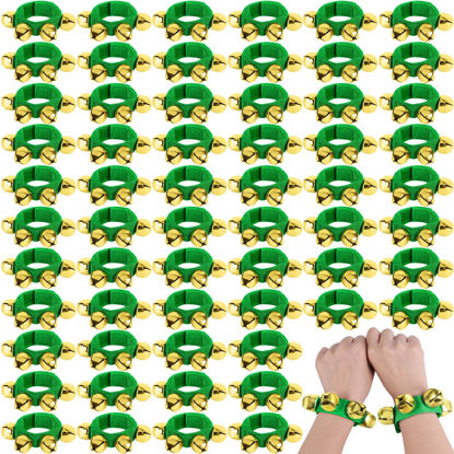 Picture of 48 Pcs Christmas Wrist Band Bell Bracelet Wrist Band Shaking Bell Musical Instruments Adjustable Bell Rhythm Wristband Bell Bulk for School Family Christmas Percussion Party Favor Adults,Green