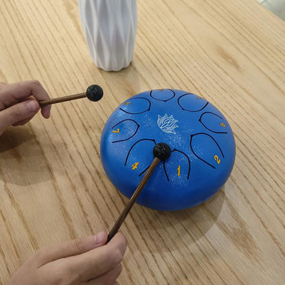 Picture of Eavnbaek Steel Tongue Drum 6 Inch 8 Note Steel Hand Drum with Bag, Music Book, Drumsticks, Mallet Holder and Finger Paddles, for Camping, Meditation or Yoga (Dark Blue)