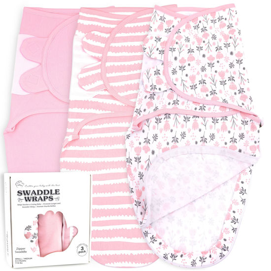 Picture of Baby Swaddle Wrap, Easy Change Baby Zipper Blanket Swaddles, 3-Pack Newborn Swaddle Sack, Baby Swaddles Sleep Sack 0-3 Months, Swaddles for Newborns, Nursery Swaddling Blankets, Pink Flowers