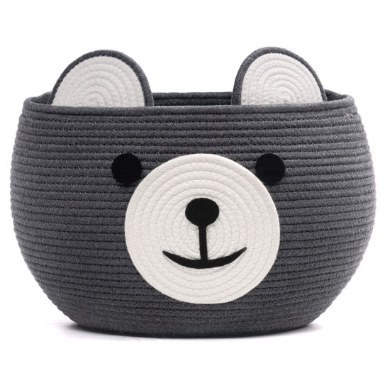 Picture of CherryNow Cotton Rope Basket Baby Cute Storage Basket for Organizing, Medium Toy Basket Empty Gift Basket with Handles, Woven Rope Bear Basket for Kids, Grey, 15.7" D x 10.5" H
