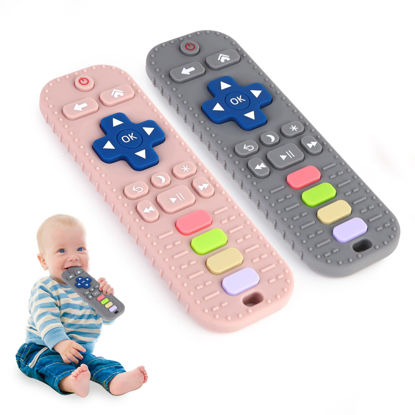 Picture of Hooku 2 Pack Teething Toys for Babies 0-6 Months, Silicone Teethers for Babies 6-12 Months, Remote Teether for Baby, Sensory Toys for Babies, Baby Chew Toys, Toddler Infant Newborn Baby Girl Boy Gifts