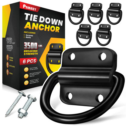 Picture of PAMAZY 6PCS Heavy Duty Steel D Rings Tie Down Anchors, Ultra Durable 3500 Pound Breaking Strength Surface Mount Hooks Securing Cargo for Trailer, Truck Bed, with Screws & Bolts
