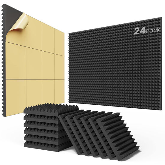 Picture of Upgraded 24 Pack Self-Adhesive Sound Proof Foam Panels 2" X 12" X 12" - Acoustic Panels with High Density, Pyramid Design Acoustic Foam. Fast Expand, Absorbs Sound and Eliminates Echoes