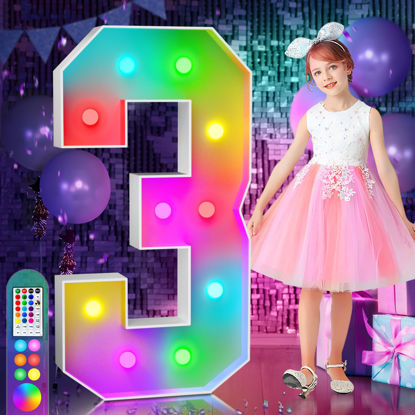 Picture of imprsv 4FT Colorful Marquee Light Up Numbers,18 Colors Number 3 With Remote, Light Up Numbers Sign for 13th 30th Birthday Anniversary Party Decor, Pre-Cut Foam Board Kit, Mosaic Numbers for Balloon