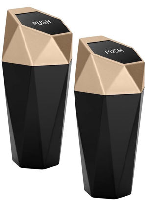 Picture of Ginsco Car Trash Can with Lid, 2 Pack Mini Car Cup Holder Trash Can, Car Garbage Can Car Accessories for Interior, Leakproof Small Car Trash Can, Mini Trash Can for Car, Home, Bedroom Office (Golden)