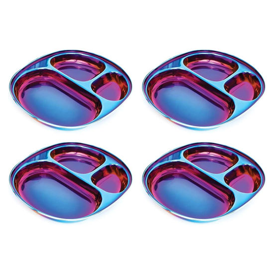 Picture of Ahimsa Stainless Steel Kids Plates | Pediatrician Designed | Balanced Bites Divided Plates for Toddlers | Non Toxic & 100% BPA Free | Dishwasher Safe | Set of 4 (Iridescent Blue)