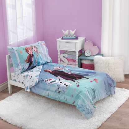 Picture of Disney Frozen 2 Nature is Magical Purple, Blue and White 4 Piece Toddler Bed Set - Comforter, Fitted Bottom Sheet, Flat Top Sheet, Reversible Pillowcase
