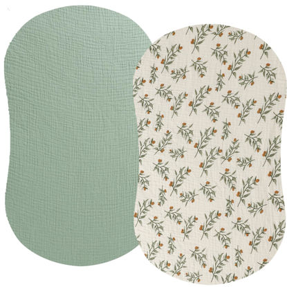 Picture of Muslin Bassinet Sheet Compatible with Halo Bassinest Swivel Flex Glide Premiere & Luxe Series Sleeper 2 Pack Cotton Stylish Boho Fitted Bassinet Sheets Super Soft for Baby Roman Green & Botanical Leaf