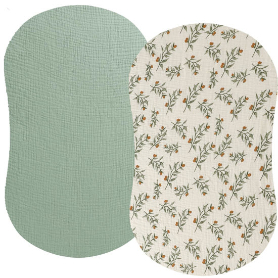 Picture of Muslin Bassinet Sheet Compatible with Halo Bassinest Swivel Flex Glide Premiere & Luxe Series Sleeper 2 Pack Cotton Stylish Boho Fitted Bassinet Sheets Super Soft for Baby Roman Green & Botanical Leaf