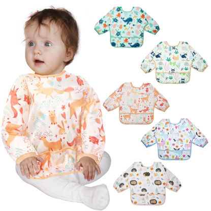 Picture of Lictin Long Sleeve Bibs 5 Pack - Baby Bibs for Girl, Waterproof Toddler Bibs, 0-24 Months Neutral Baby Smock for Eating, Reusable Infant Baby Bibs for Feeding Teething or Weaning