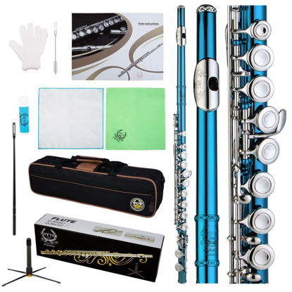 Picture of Rhythm C Flutes with Engraved Flower Closed Hole 16 Keys Flute For Student, Beginner with Cleaning Kit, Stand, Carrying Case, Gloves, Tuning Rod, Light Blue