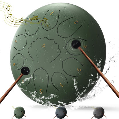 Picture of Rain Drum for Outside,8 Inches 11 Notes Rain Drum for Garden Instrument, Drum Rain Chime Waterproof, Chakra Rain Drum Outdoor，with Drum Bag, Music Book, Drum Mallets (Stone Green)