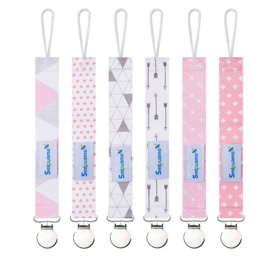 Picture of Smlpuame Pacifier Clip Girl,6 Pack Stylish Binky Clips Strap for Baby Girls,Paci Holder with Metal Clip Lightweight Universal Fits Most Pacifiers Teether Toy Soothie,Baby Gifts(Pink & Grey)