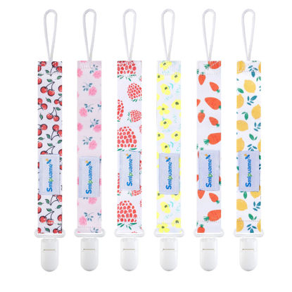 Picture of Smlpuame Pacifier Clip Girl,6 Pack Stylish Binky Clips Strap for Baby Girls,Paci Holder with Clip Lightweight Universal Fits Most Pacifiers Teether Toy Teething Ring Soothie,Baby Gift(Flower & Fruit)