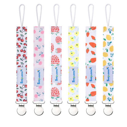 Picture of Smlpuame Pacifier Clip Girl,6 Pack Stylish Binky Clips Strap for Baby Girls,Paci Holder with Metal Clip Lightweight Universal Fits Most Pacifiers Teether Toys Soothie,Baby Gift(Flower & Fruit)