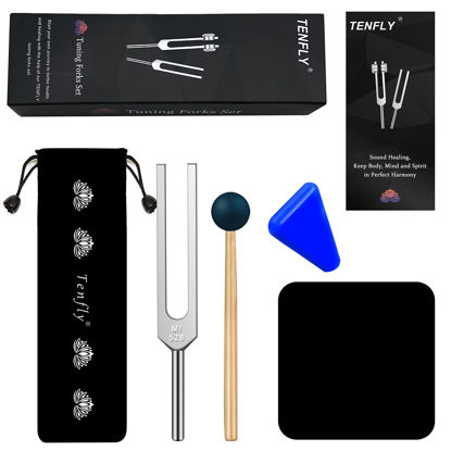 Picture of TENFLY 528 Hz Tuning Fork for Healing, DNA Repair, Reliever Stress and Perfect Musical Instrument, Frequency of Love, Silver, with Black Rubber Mallet, Triangular Silicone and Velvet Storage Bag