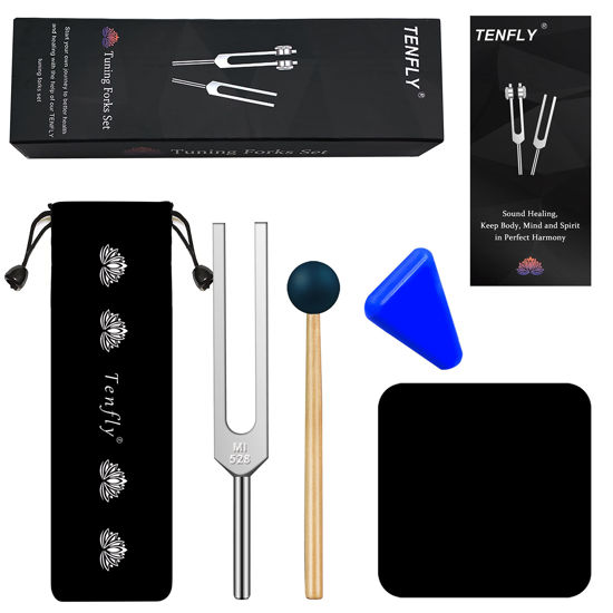 Picture of TENFLY 528 Hz Tuning Fork for Healing, DNA Repair, Reliever Stress and Perfect Musical Instrument, Frequency of Love, Silver, with Black Rubber Mallet, Triangular Silicone and Velvet Storage Bag