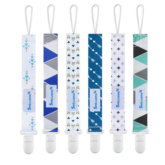 Picture of Smlpuame Pacifier Clips for Boys,6 Pack Stylish Binky Clips Strap,Paci Holder with Clip Lightweight Universal Fits Most Pacifiers Teether Toy Teething Ring Soothie,Baby Shower Gifts(Green & Blue)