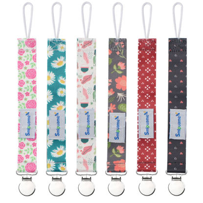 Picture of Smlpuame Pacifier Clip Girl,6 Pack Stylish Binky Clips Strap for Baby Girls,Paci Holder with Metal Clip Lightweight Universal Fits Most Pacifiers Teether Toy Teething Ring Soothie,Baby Gift(Flower)