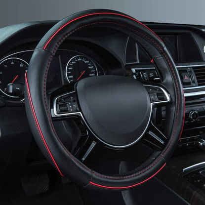 Picture of Car Pass Colour Piping Leather Steering Wheel Cover,Perfectly fit for 14.5-15 inches for Various Vehicles SUVs,Vans,Sedans,Cars (Black & Red)