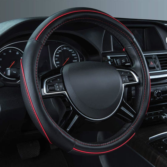 Picture of Car Pass Colour Piping Leather Steering Wheel Cover,Perfectly fit for 14.5-15 inches for Various Vehicles SUVs,Vans,Sedans,Cars (Black & Red)