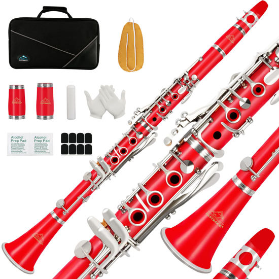 Picture of EASTROCK Clarinet Bb Flat 17 Nickel Keys Red Student Clarinet for Beginner with 2 Barrels Hard Case and Clarinet Cleaning Kit.