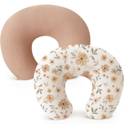 Picture of Konssy 2 Pack Muslin Nursing Pillow Covers, Soft and Adorable Nursing Cover for Breastfeeding Pillows, Pillow Slipcover for Baby Girls Boys Newborn(Toffee, Flourish)