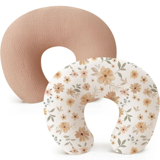 Picture of Konssy 2 Pack Muslin Nursing Pillow Covers, Soft and Adorable Nursing Cover for Breastfeeding Pillows, Pillow Slipcover for Baby Girls Boys Newborn(Toffee, Flourish)