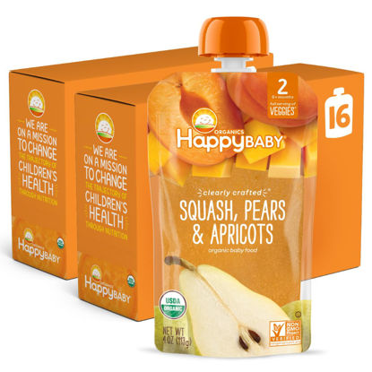 Picture of Happy Baby Organics Stage 2 Baby Food Pouches, Gluten Free, Vegan & Healthy Snack, Clearly Crafted Fruit Puree, Squash, Pears & Apricots, 4 Ounces (Pack of 16)