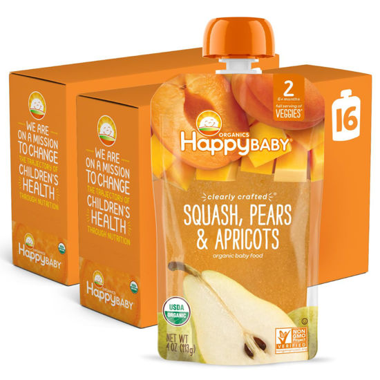 Picture of Happy Baby Organics Stage 2 Baby Food Pouches, Gluten Free, Vegan & Healthy Snack, Clearly Crafted Fruit Puree, Squash, Pears & Apricots, 4 Ounces (Pack of 16)