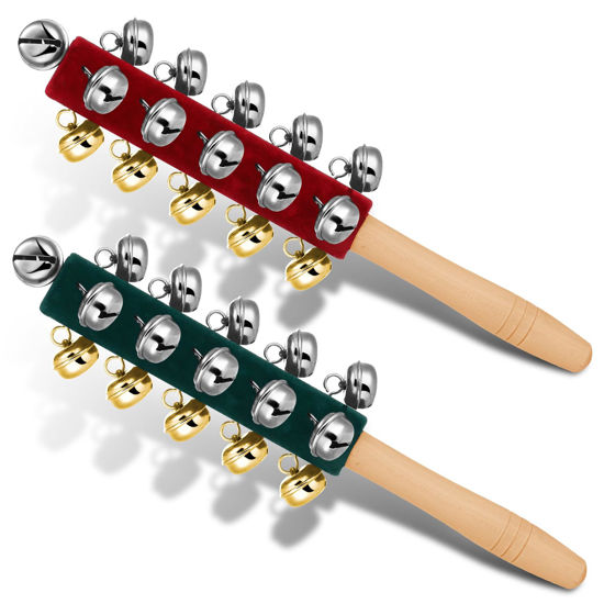 Picture of 2 Pcs Christmas Hand Jingle Bells Wooden Handhold Sleigh Bells Jingle Bells Stick Shaker Rattle Musical Percussion Instrument for Christmas Party Favors Birthday Gifts Children Toys (Red and Green)