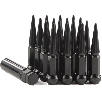 Picture of GAsupply 10x1.25 Spike Lug Nuts 16pcs, Closed End Bulge Acorn Black Spiked Lug Nuts, Cone/Conical Seat, 14mm Hex, 3.54" 90mm Tall for Aftermarket Wheel, 1 Long Socket Key