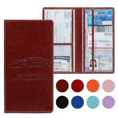 Picture of Peisicne Car Registration and Insurance Card Holder for Women Men, Dark Brown Glove Box Paperwork Organizer with Magnetic Buckle for Easy Access and Protect Documents and Various Cards in Vehicle