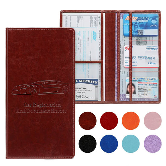 Picture of Peisicne Car Registration and Insurance Card Holder for Women Men, Dark Brown Glove Box Paperwork Organizer with Magnetic Buckle for Easy Access and Protect Documents and Various Cards in Vehicle