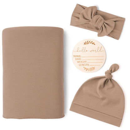 Picture of Konssy Baby Girl Newborn Receiving Blanket with Matching Headband and Beanie Set Baby Swaddle Nursery Swaddle Wrap