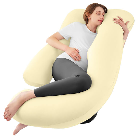 Picture of Sasttie Pregnancy Pillows for Sleeping, U Shaped Cooling Full Body Pillow Pregnancy Must Haves, 57 Inch Maternity Pillow for Pregnant Women, Pillow with Removable Cover for Side Sleeper, Light Yellow