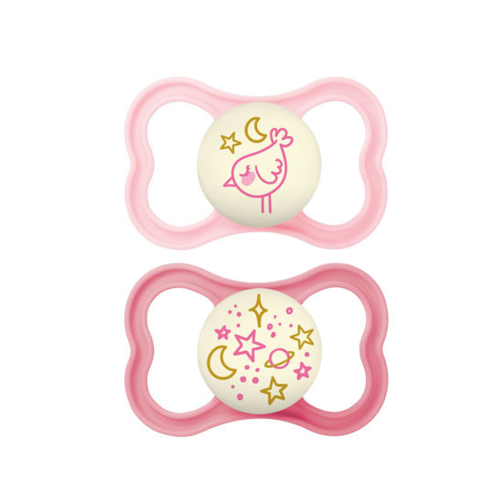 Picture of MAM Supreme Night Baby Pacifier, for Sensitive Skin, Patented Nipple, 16+ Months, Girl, 2 Count (Pack of 1)