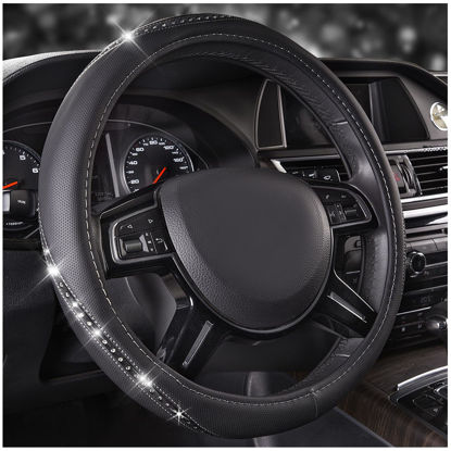 Picture of CAR PASS Bling Diamond Black Leather Steering Wheel Cover, Studded Crystal Rhinestones Universal Fit 14" 1/2-15" Glitter for Women Sparkle Girl Fit Suvs,Vans,Sedans,Car,Trucks, Silver Diamond