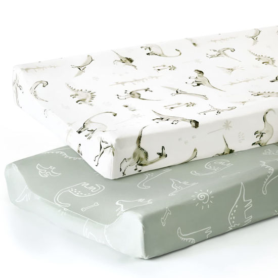 Picture of GRSSDER Stretch Ultra Soft Jersey Knit Changing Pad Cover Set 2 Pack, Change Table Pad Covers Fit 32"/34" x 16" Pads Safe and Snug, Pretty Pattern for Baby, Dinosaur