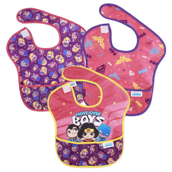 Picture of Bumkins Bibs for Girl or Boy, SuperBib Baby and Toddler 6-24 Months, Essential Must Have for Eating, Feeding, Baby Led Weaning Supplies, Mess Saving Catch Food, Fabric, 3-pk DC Comics Move Over Boys