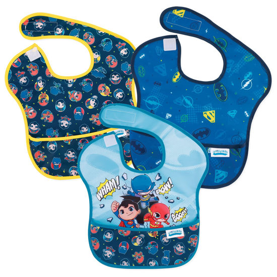 Picture of Bumkins Bibs for Girl or Boy, SuperBib Baby and Toddler 6-24 Months, Essential Must Have for Eating, Feeding, Baby Led Weaning Supplies, Mess Saving Catch Food, Fabric, 3-pk DC Comics Super Friends