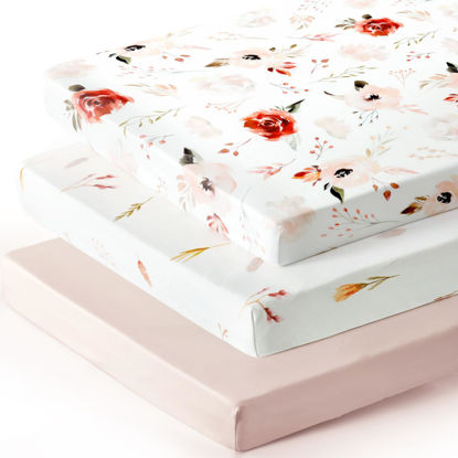 Picture of Pack n Play Sheets Fitted 3 Pack, Stretchy Ultra Soft Jersey Knit Pack and Play Sheets, Universal Fitted Portable/Mini Crib Mattresses Snug and Safe, Pretty Watercolor Rose Flora for Baby Girls
