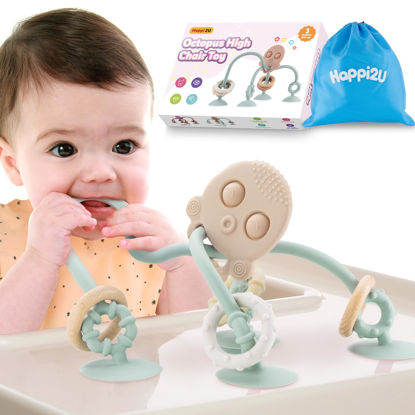 Picture of Happi2U Baby Teething Toys, High Chair Toy with Suction Cup for Infant Toddlers 6 12 18 24 Month, Food Grade Silicone Teether with Oak Loop, Montessori Sensory Educational Baby Bath Toy Gifts (Green)